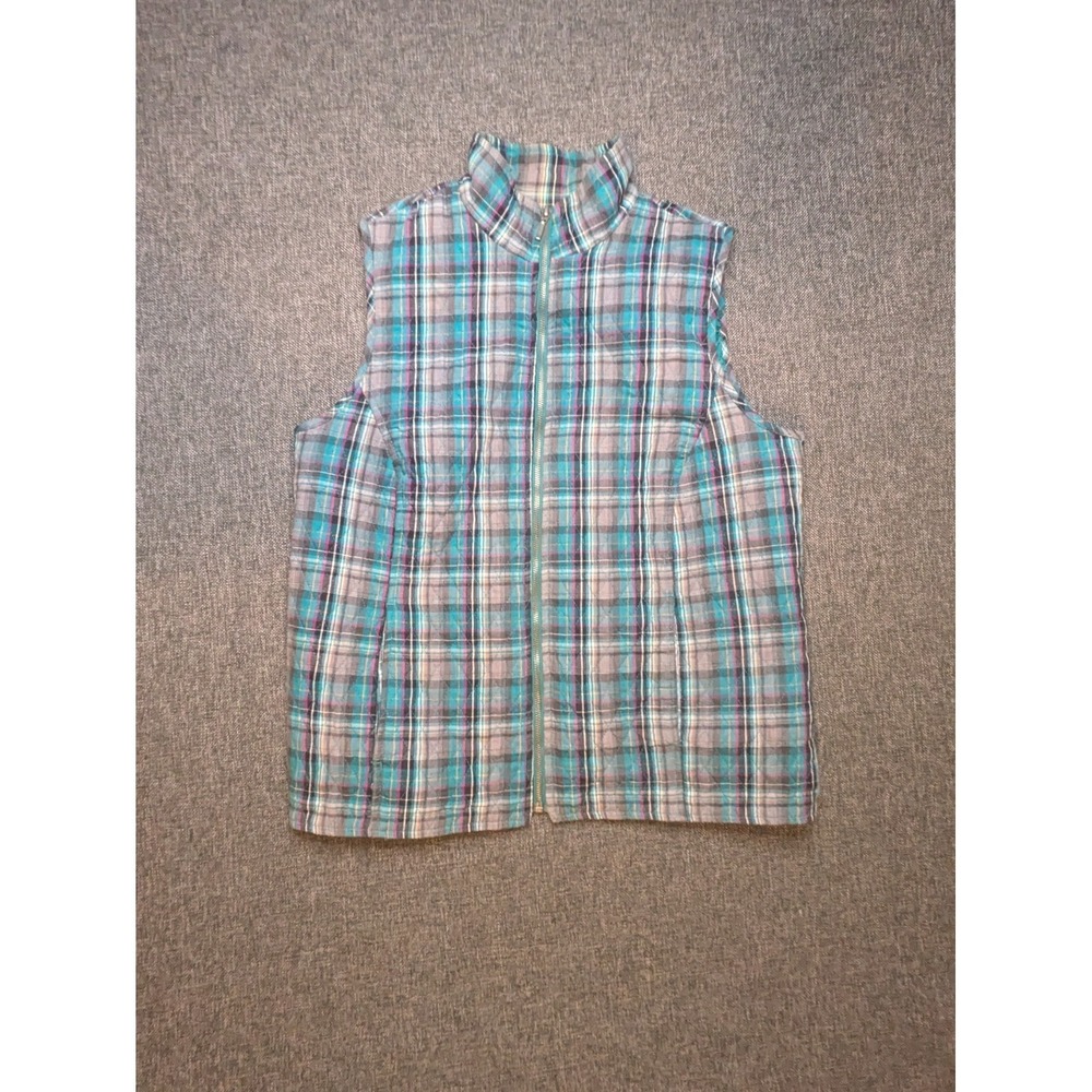 Vintage Southern Lady Vest Women's Medium Quilted Full Zip Teal Plaid Pockets
